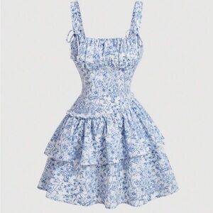 Blue and White Pleated Mini Dress